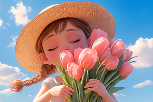 手捧鲜花的少女自然烂漫素材