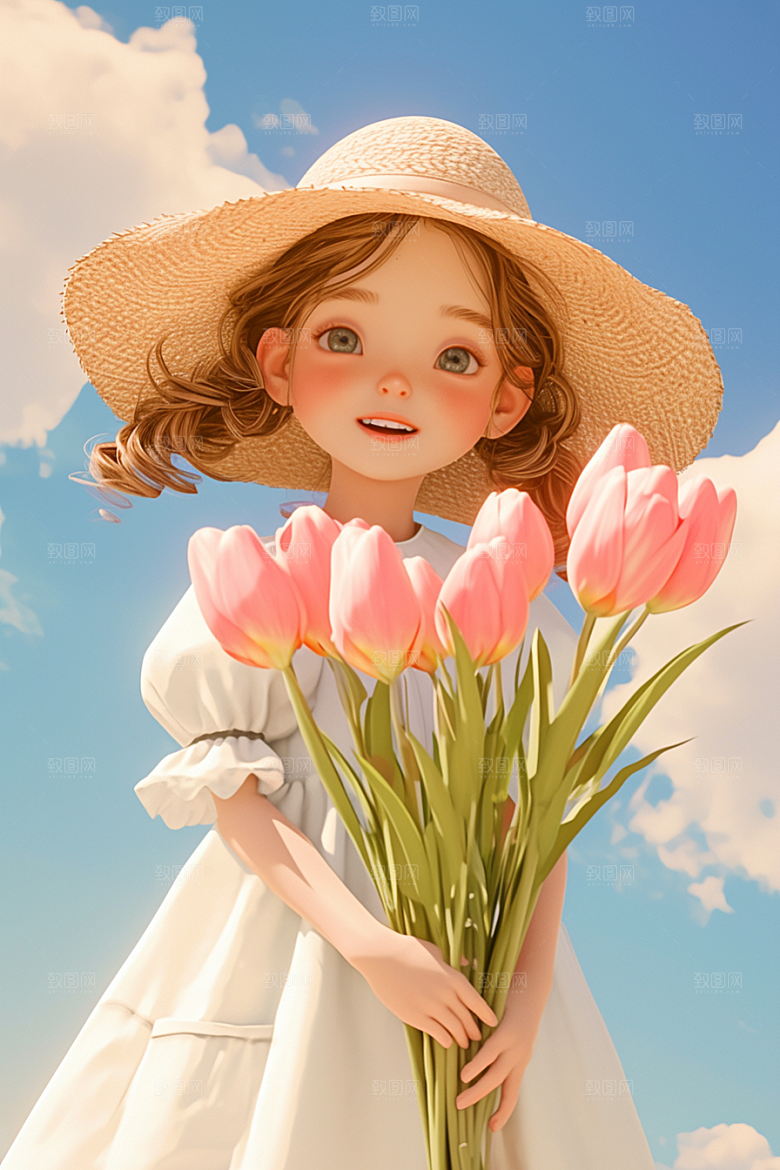 手捧鲜花的少女人物青春素材
