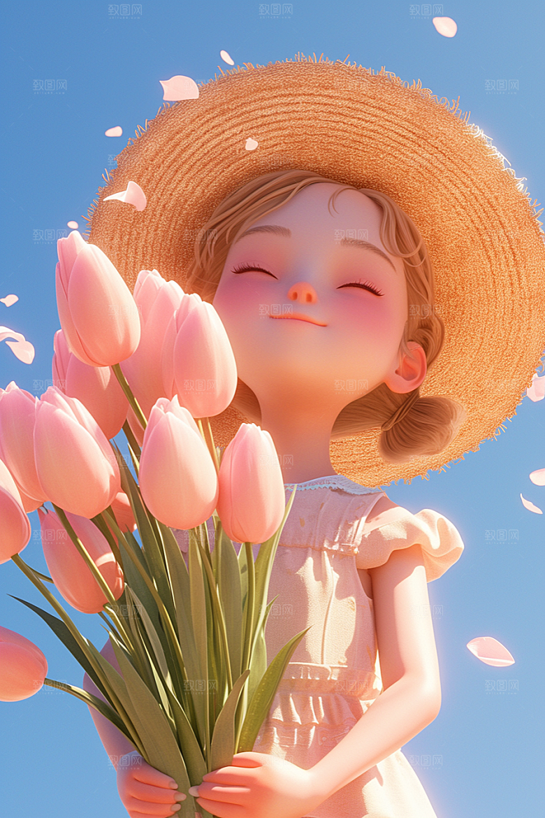 手捧鲜花的少女烂漫自然素材