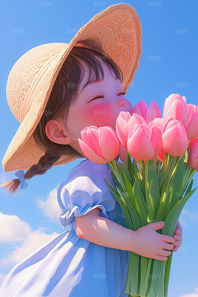 手捧鲜花的少女人物花朵素材