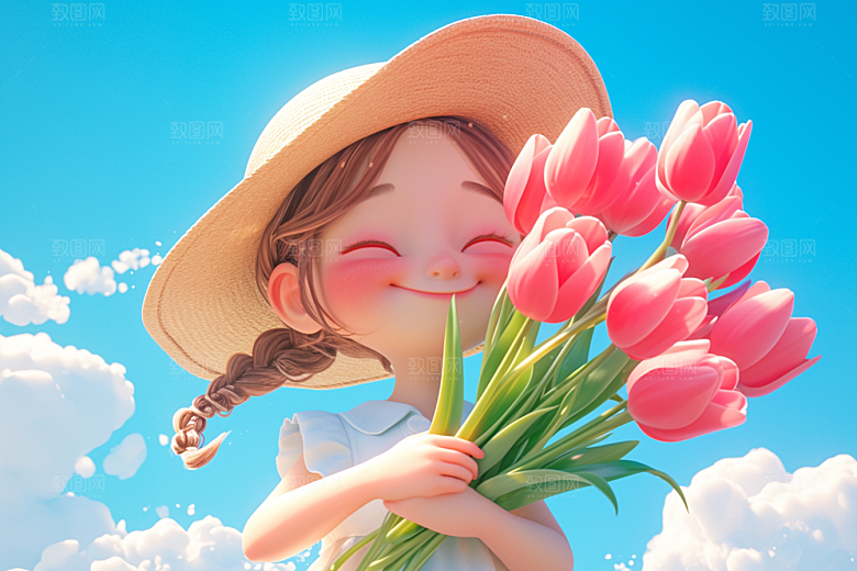 手捧鲜花的少女3D肖像素材