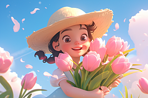 手捧鲜花的少女烂漫唯美素材