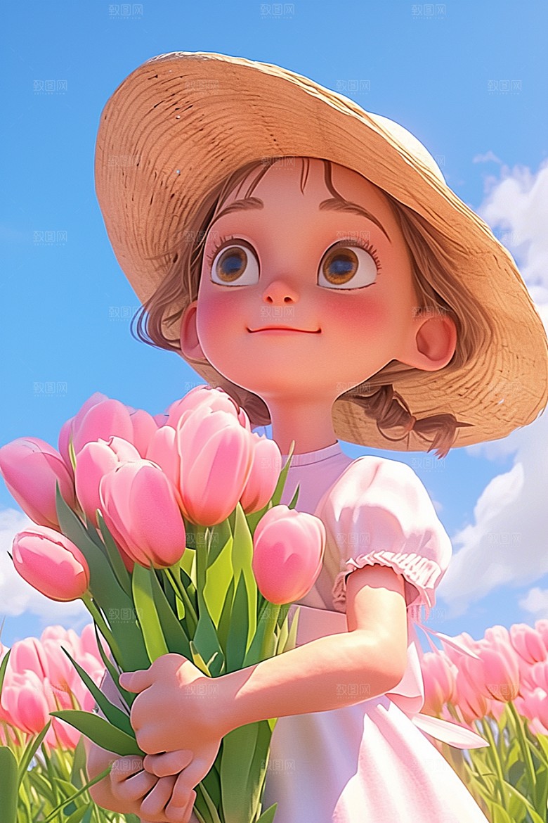 手捧鲜花的少女梦幻模型素材