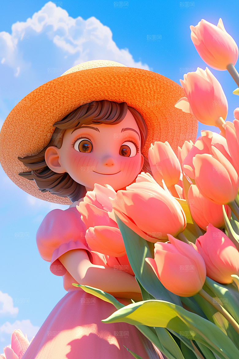 手捧鲜花的少女春天青春素材
