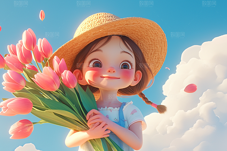 手捧鲜花的少女人物清新素材