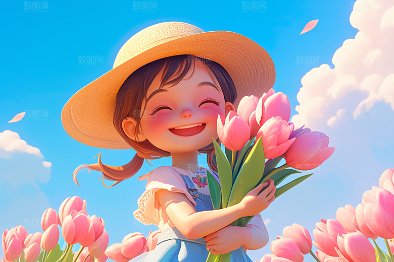 手捧鲜花的少女飞舞的裙摆立体素材