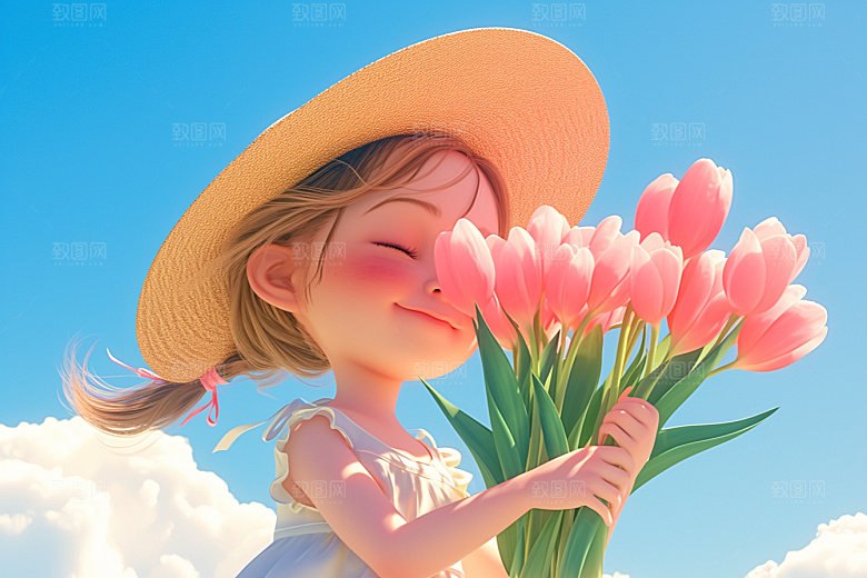 手捧鲜花的少女立体青春素材