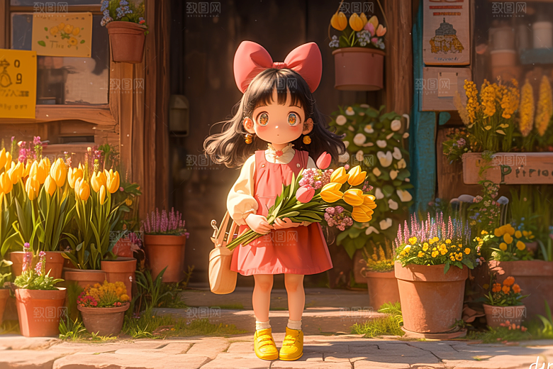 手捧鲜花的少女烂漫3D素材