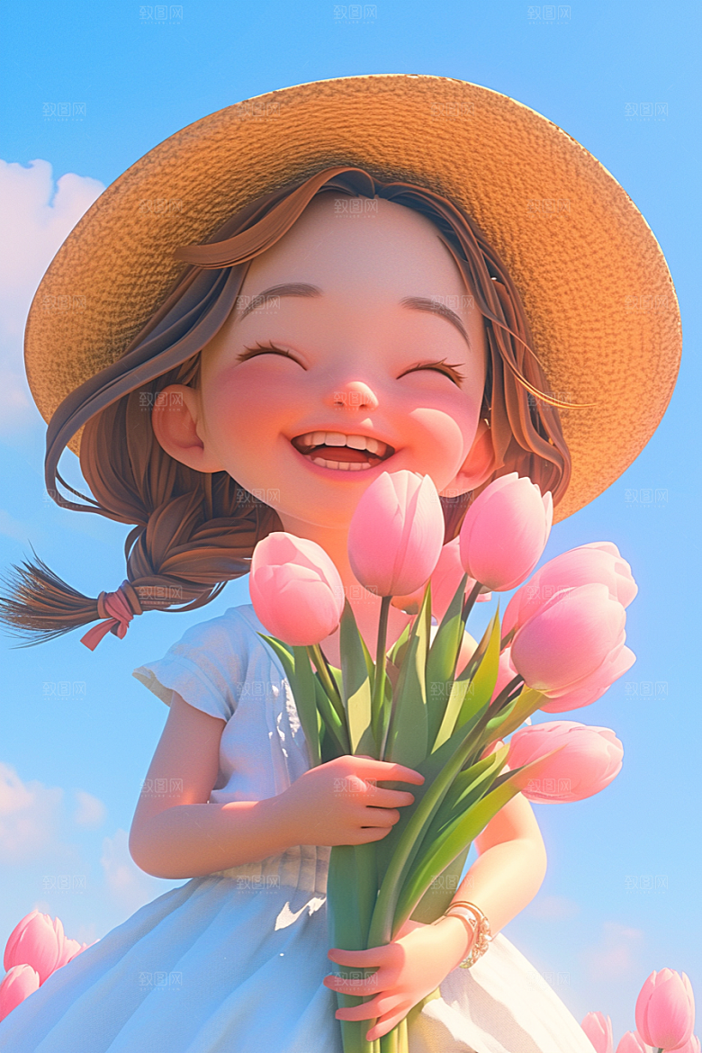 手捧鲜花的少女梦幻肖像素材