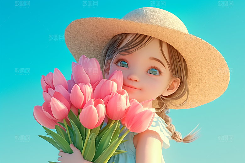 手捧鲜花的少女烂漫模型素材