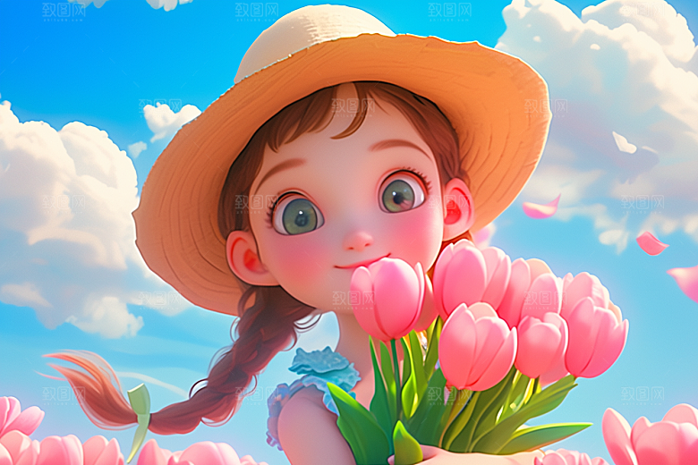 手捧鲜花的少女春天肖像素材