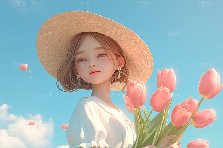 手捧鲜花的少女青春肖像素材