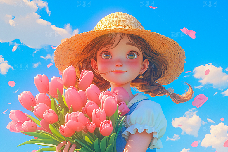 手捧鲜花的少女唯美模型素材