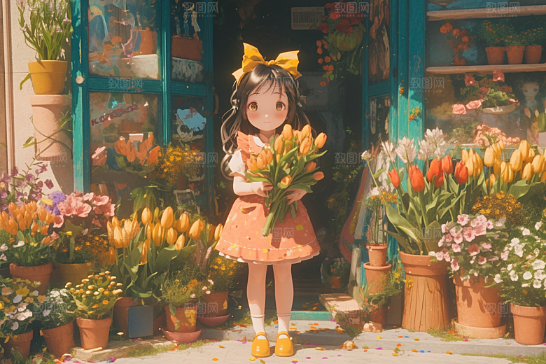 手捧鲜花的少女肖像梦幻素材