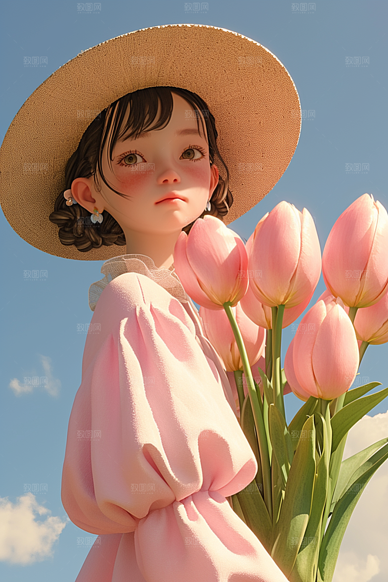 手捧鲜花的少女自然立体素材