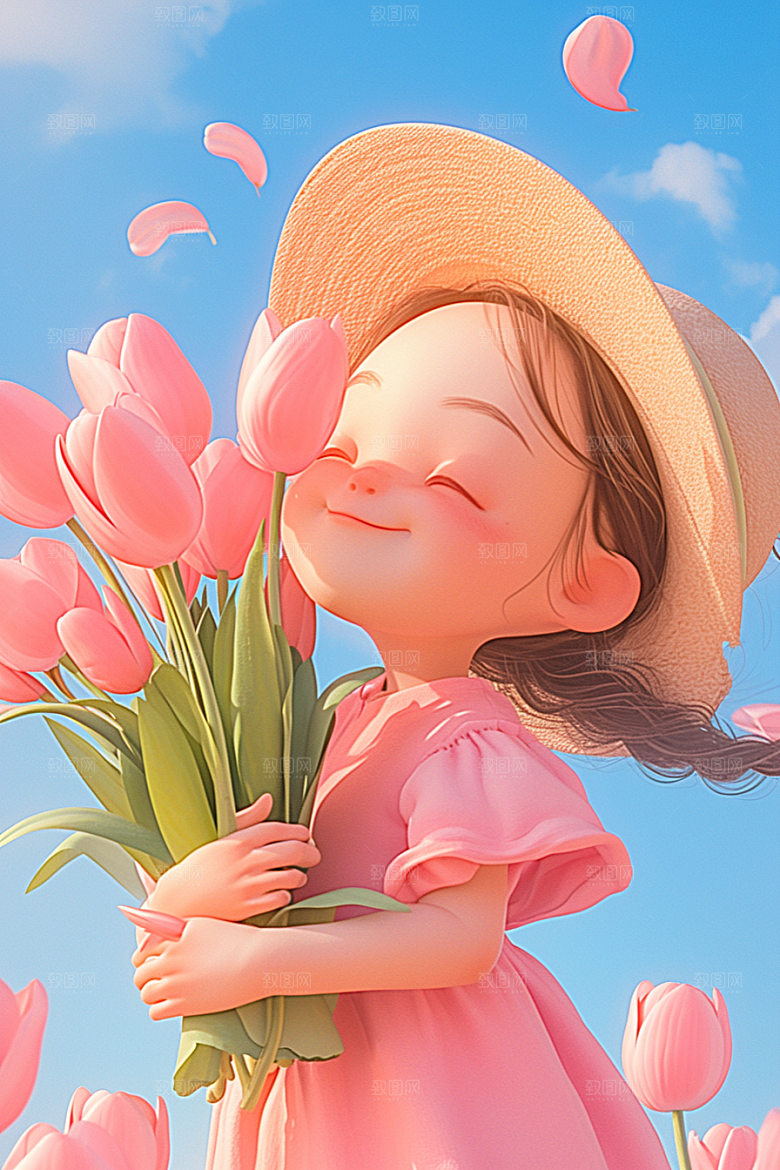 手捧鲜花的少女人物清新素材