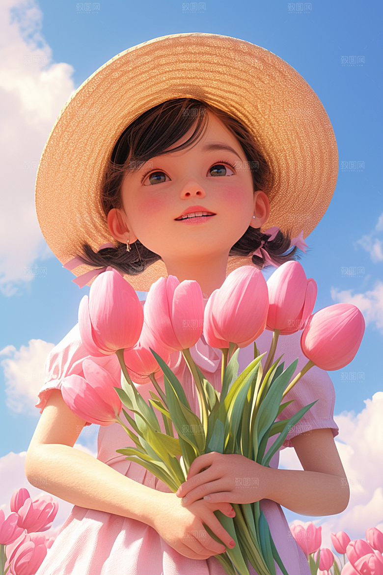 手捧鲜花的少女模型梦幻素材