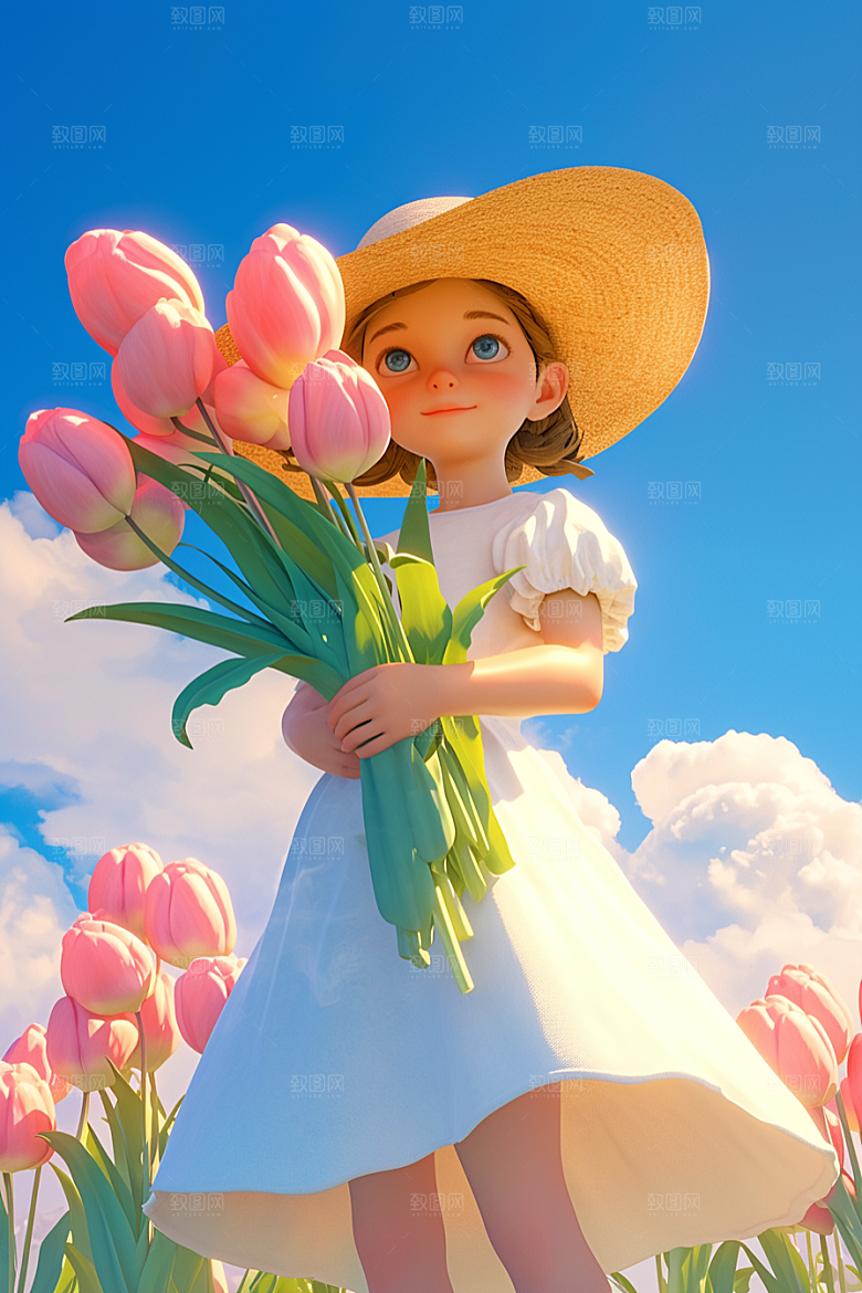 手捧鲜花的少女烂漫模型素材