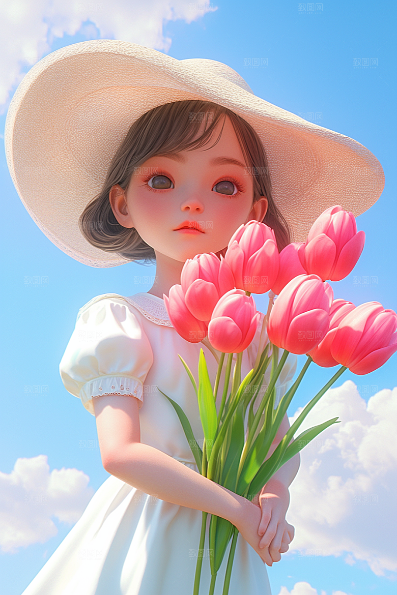 手捧鲜花的少女烂漫立体素材