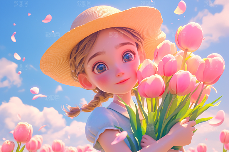手捧鲜花的少女梦幻春天素材