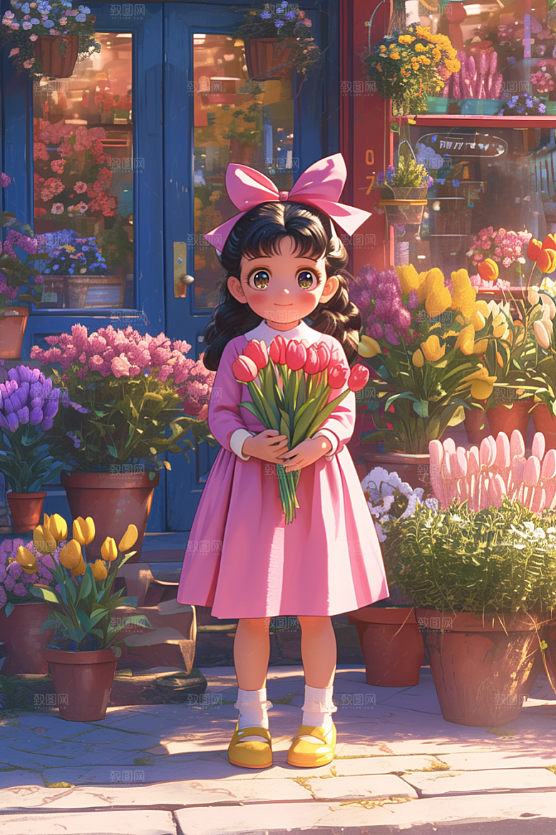 手捧鲜花的少女烂漫3D素材