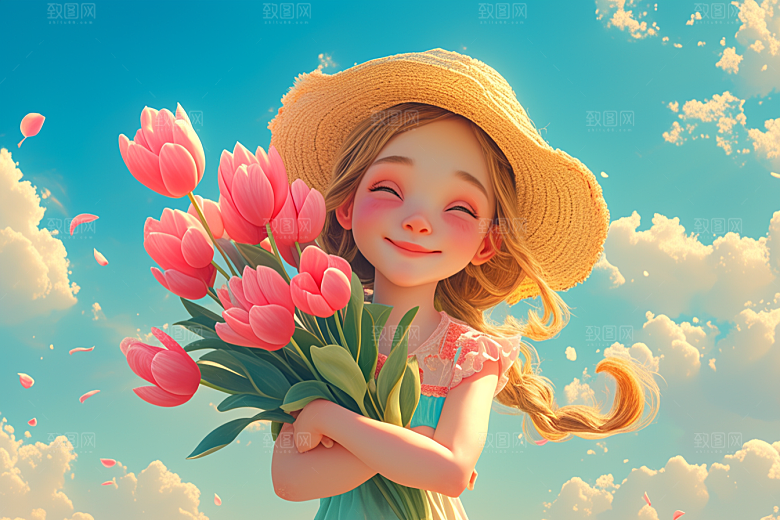 手捧鲜花的少女春天模型素材