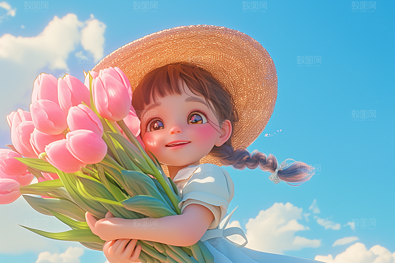 手捧鲜花的少女3D清新素材