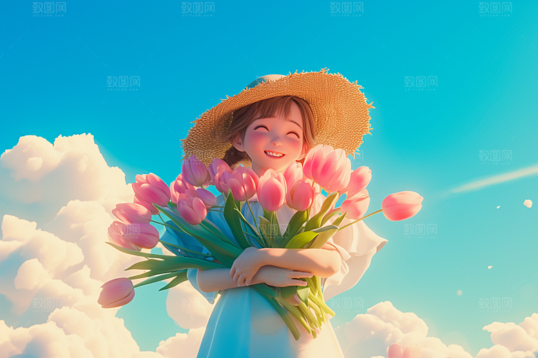 手捧鲜花的少女肖像花朵素材