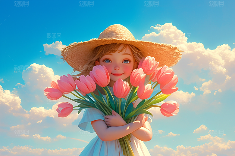 手捧鲜花的少女唯美飞舞的裙摆素材