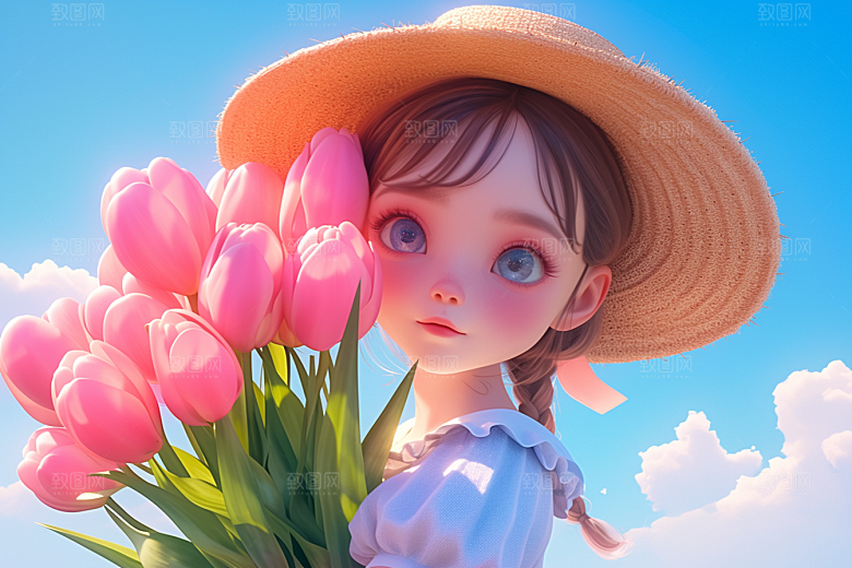 手捧鲜花的少女烂漫花朵素材