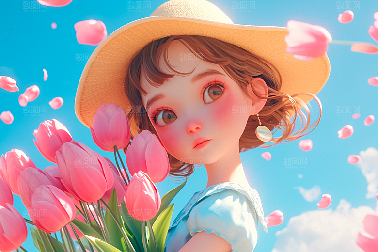 手捧鲜花的少女3D自然素材
