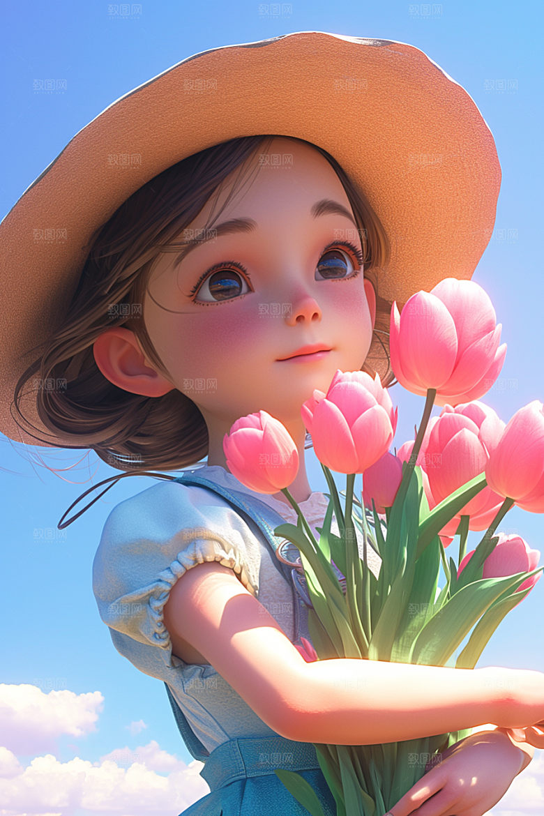 手捧鲜花的少女清新梦幻素材