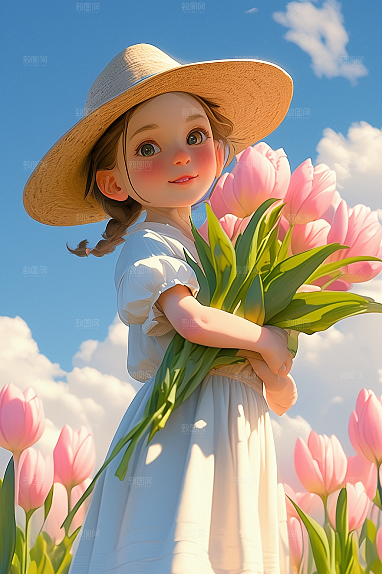 手捧鲜花的少女模型青春素材