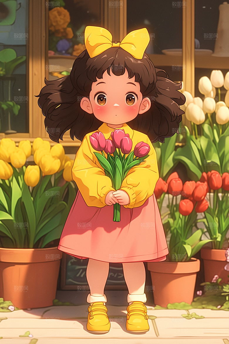 手捧鲜花的少女清新肖像素材