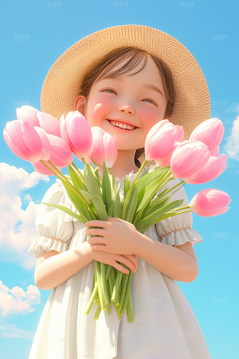 手捧鲜花的少女人物清新素材