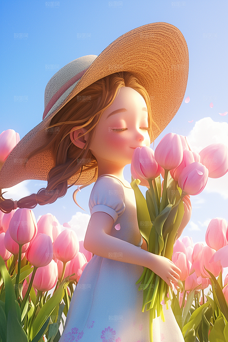 手捧鲜花的少女自然3D素材