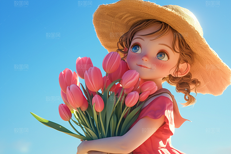 手捧鲜花的少女唯美肖像素材