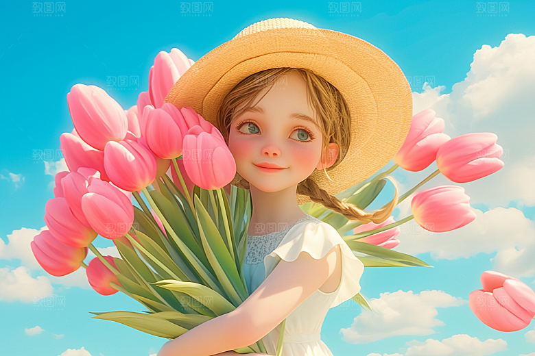 手捧鲜花的少女3D花朵素材