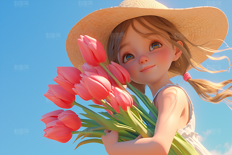 手捧鲜花的少女人物烂漫素材