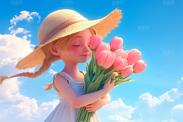 手捧鲜花的少女清新梦幻素材