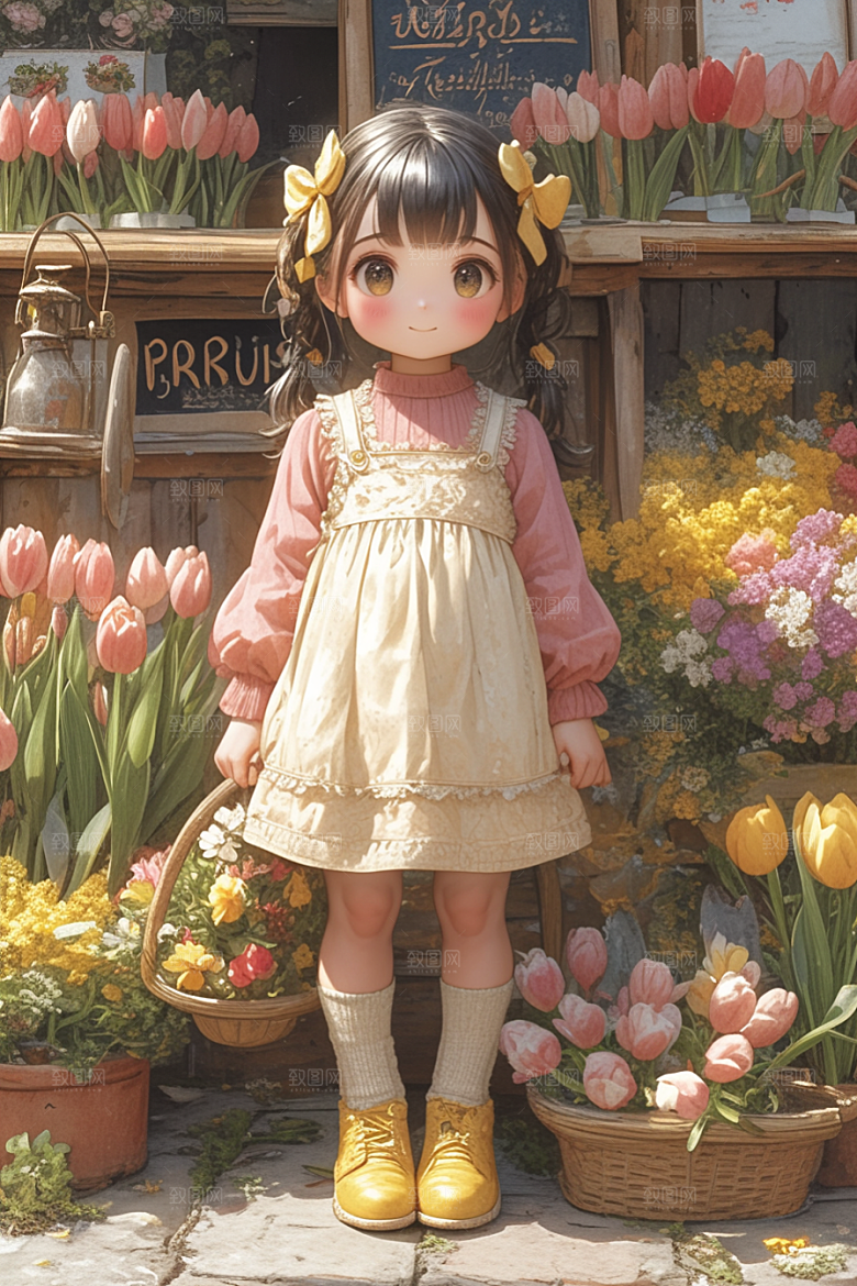 手捧鲜花的少女模型3D素材