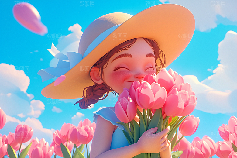 手捧鲜花的少女肖像梦幻素材