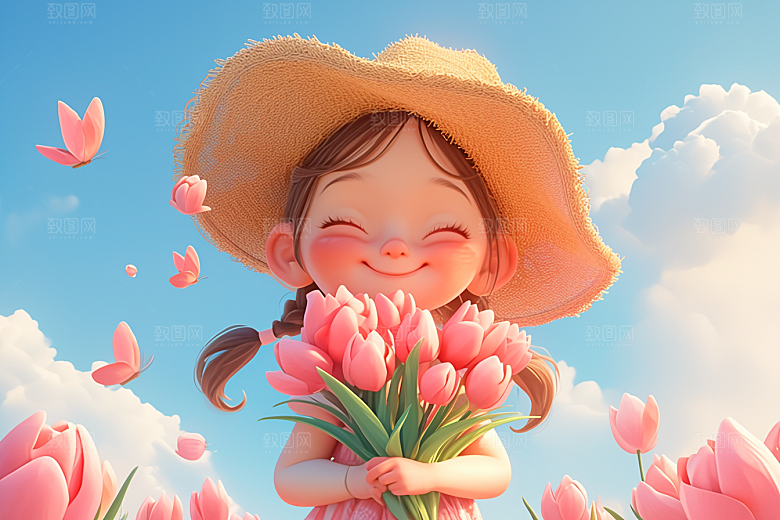 手捧鲜花的少女梦幻清新素材