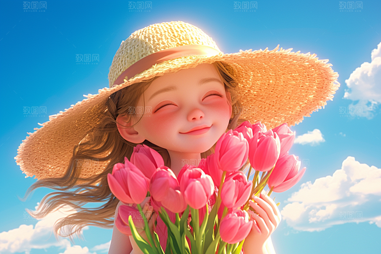 手捧鲜花的少女花朵自然素材