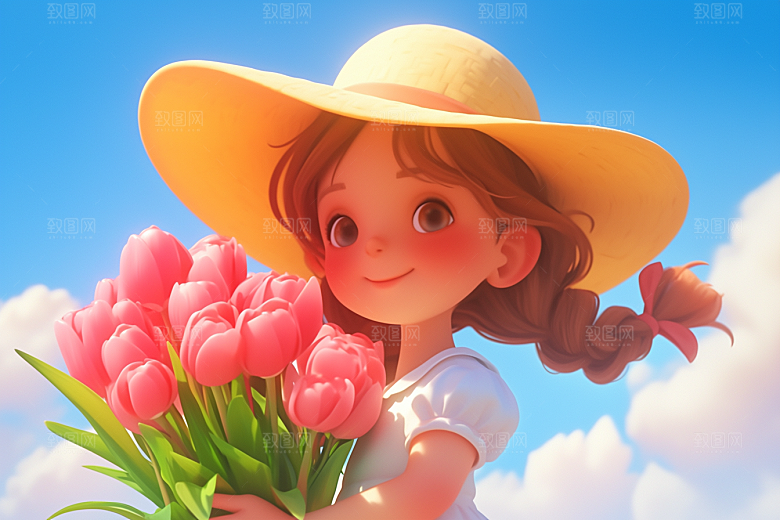 手捧鲜花的少女烂漫唯美素材