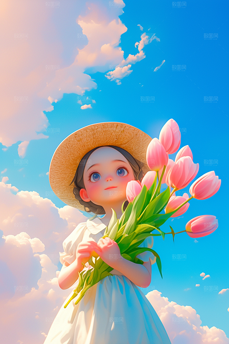 手捧鲜花的少女飞舞的裙摆3D素材