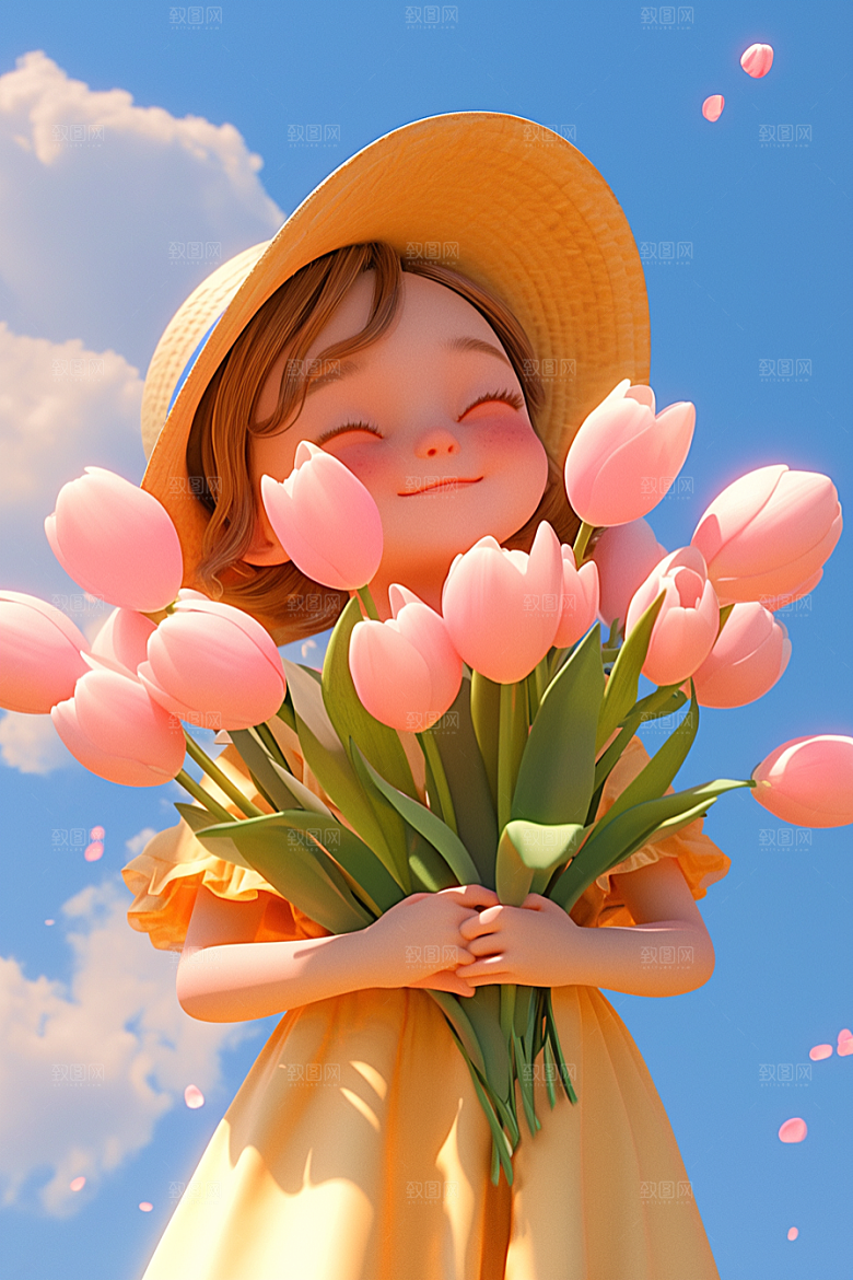 手捧鲜花的少女春天自然素材
