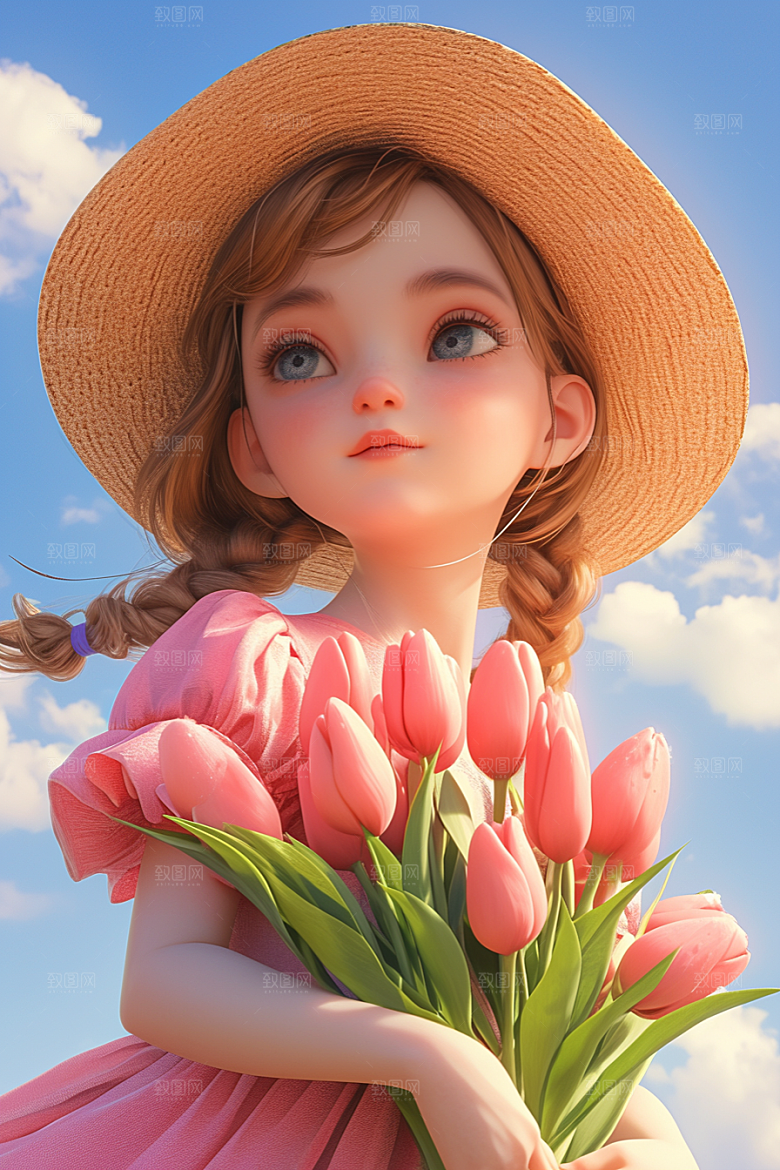 手捧鲜花的少女唯美人物素材