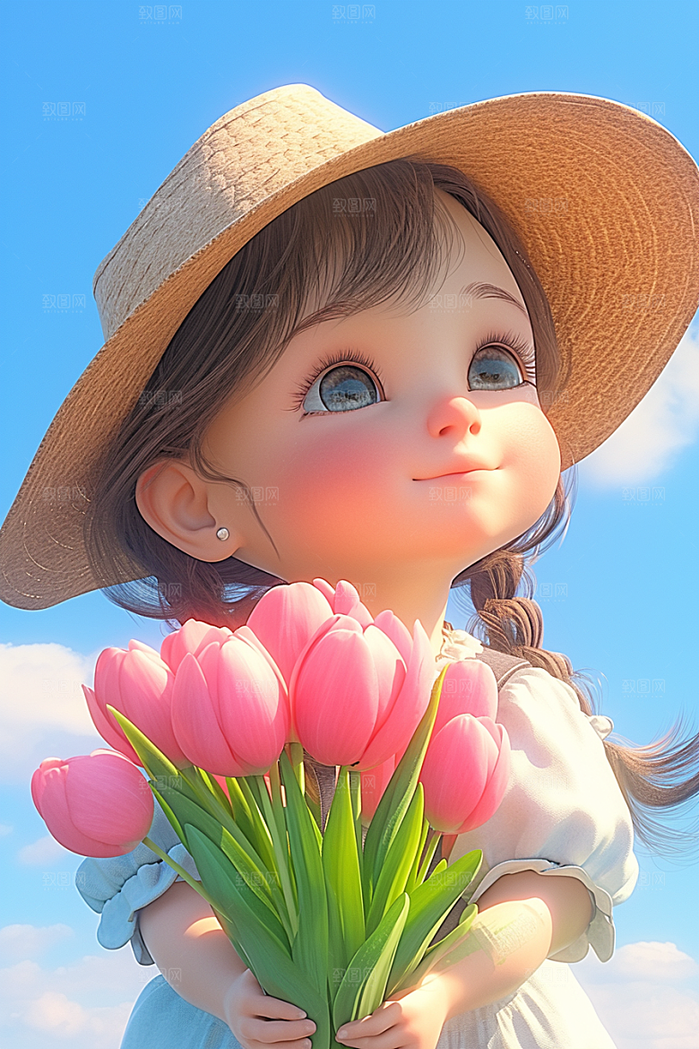 手捧鲜花的少女花朵清新素材