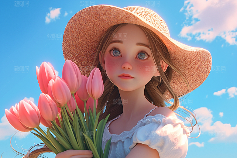 手捧鲜花的少女模型烂漫素材